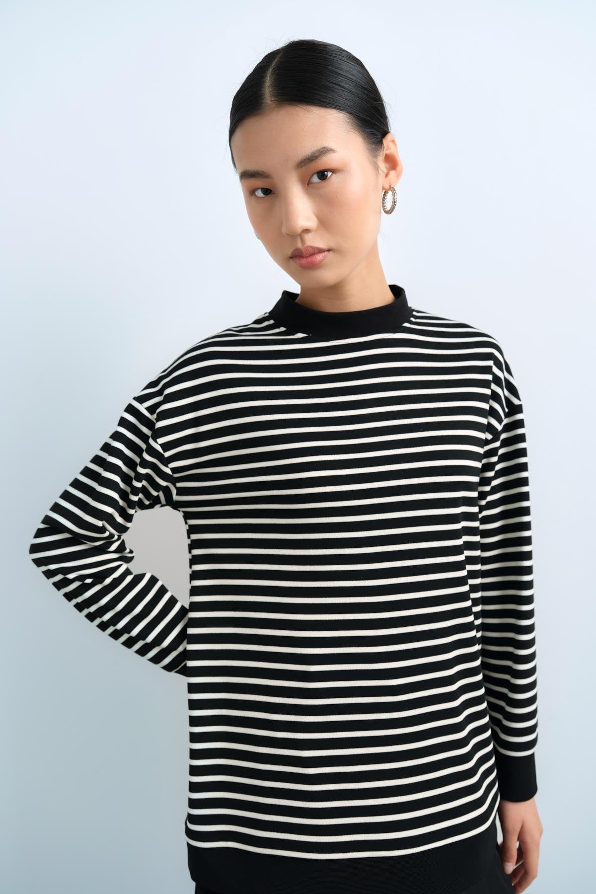 Çizgili Basic Sweat - Siyah