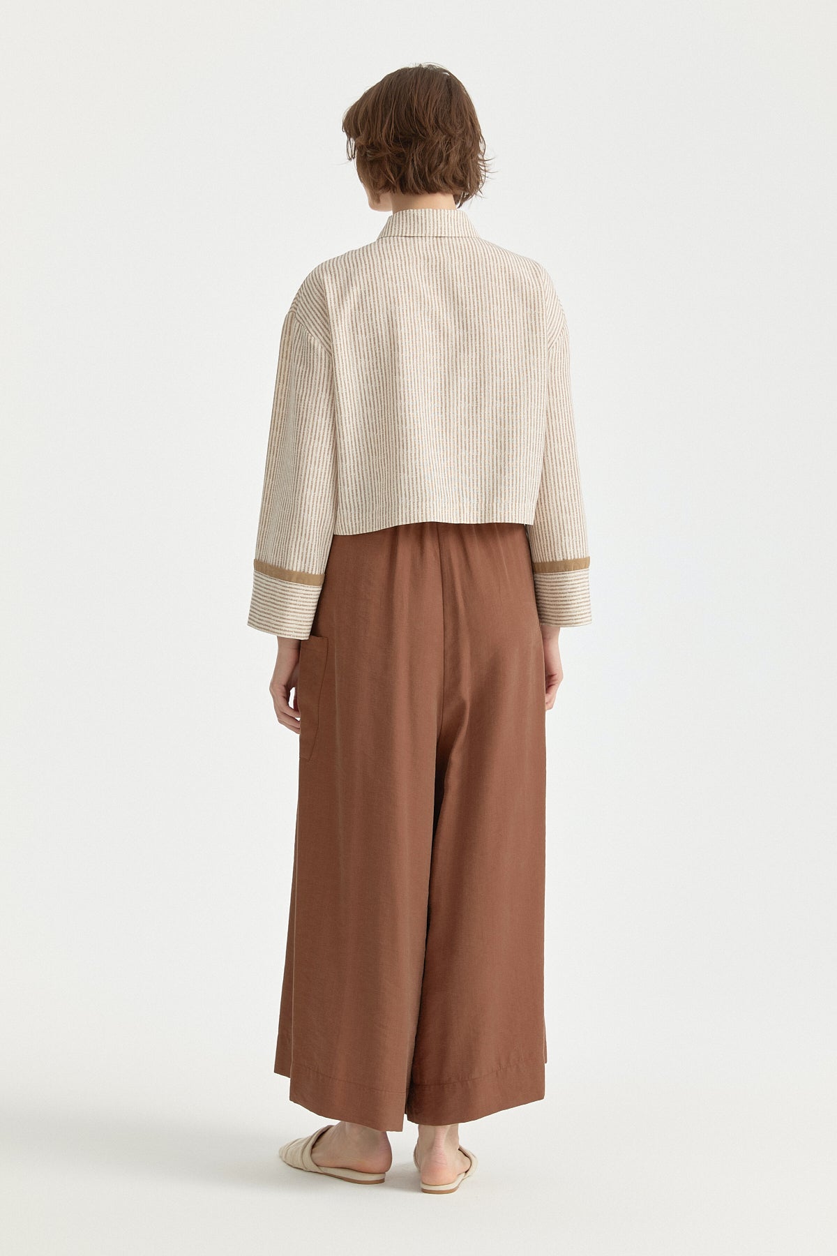 Striped Linen Crop Shirt - Beige