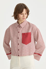 Striped Crop Linen Shirt - Burgundy