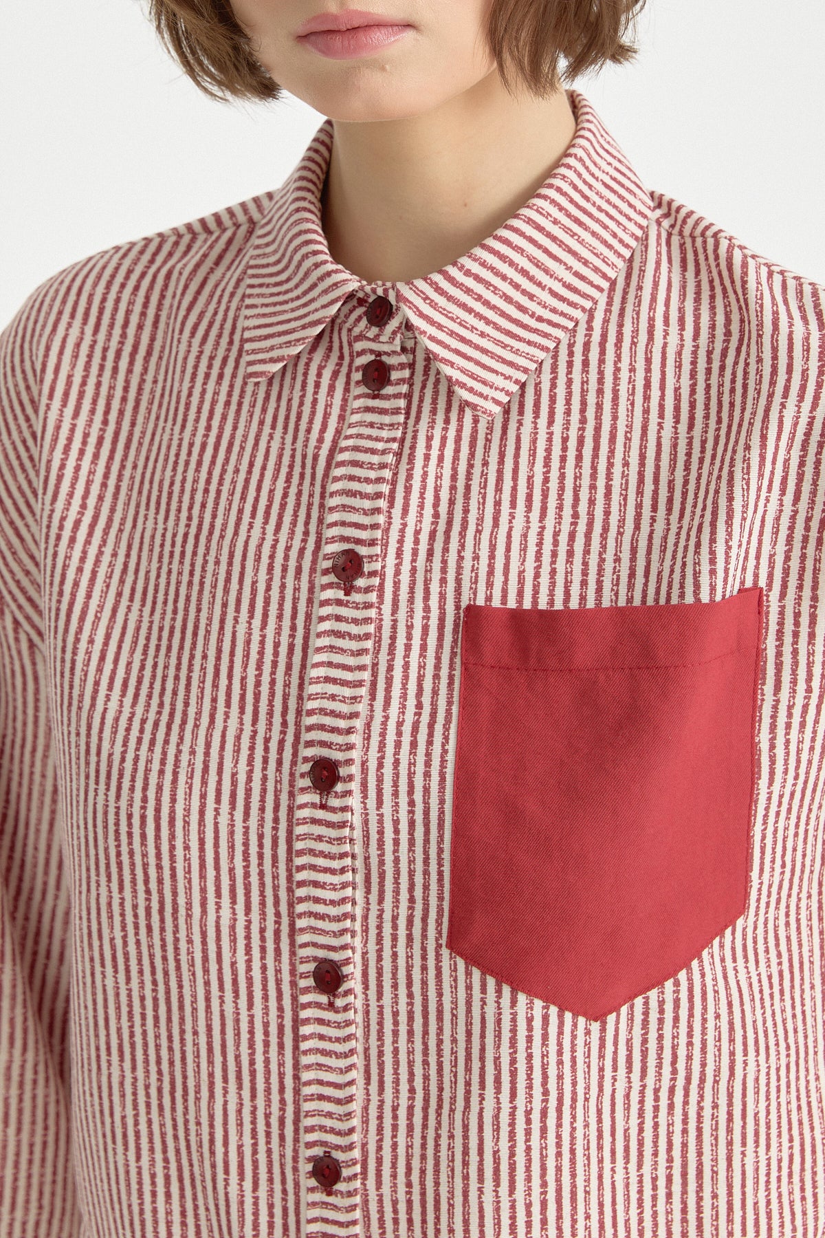Striped Crop Linen Shirt - Burgundy