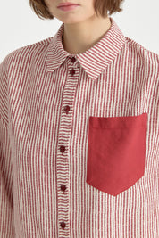 Striped Crop Linen Shirt - Burgundy