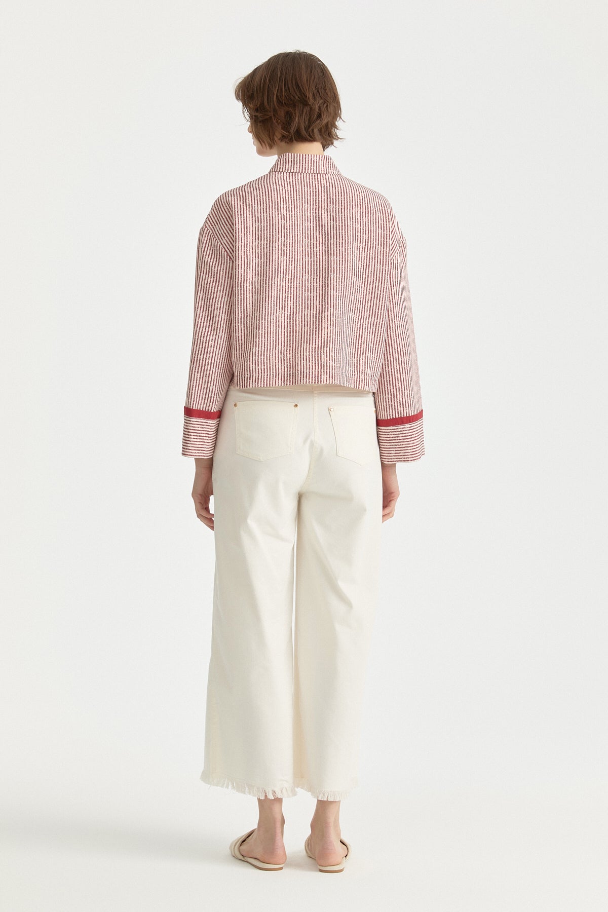 Striped Crop Linen Shirt - Burgundy