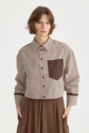 Striped Crop Linen Shirt - Coffee