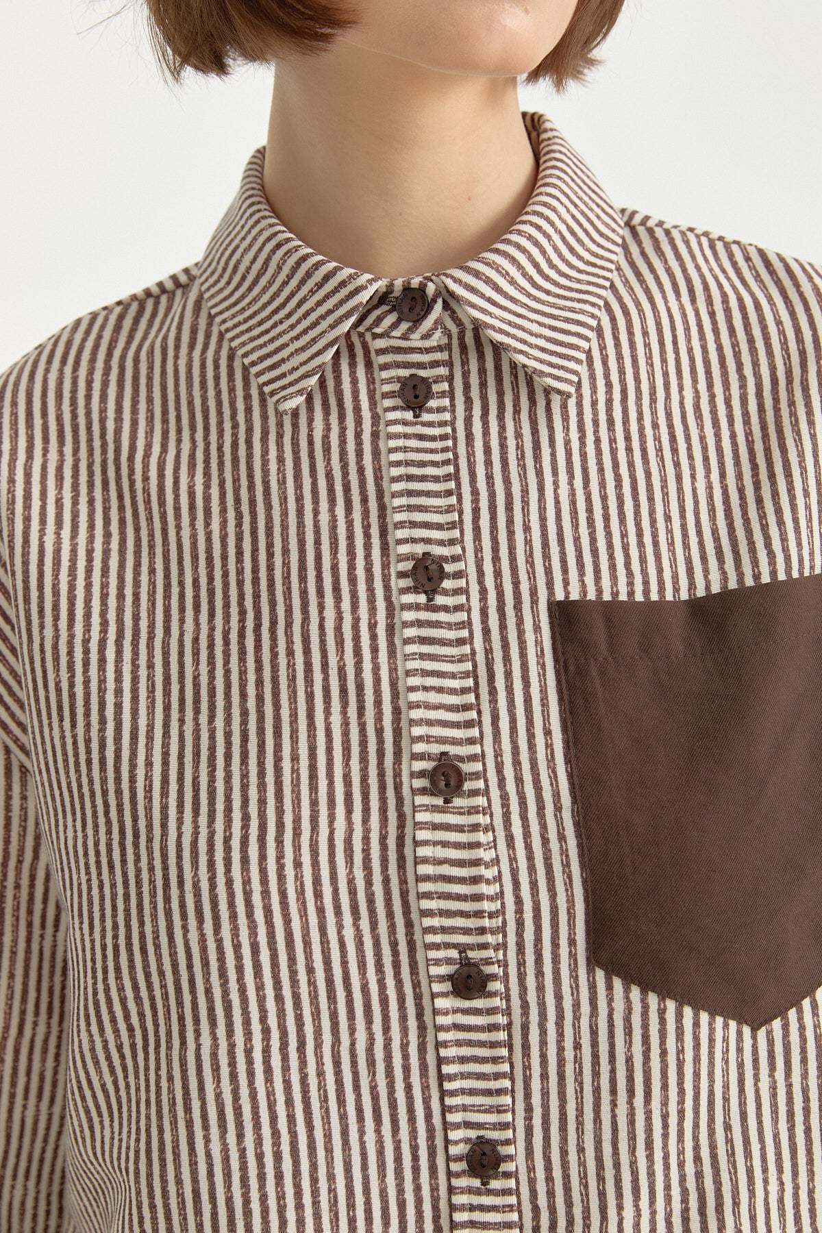 Striped Crop Linen Shirt - Coffee