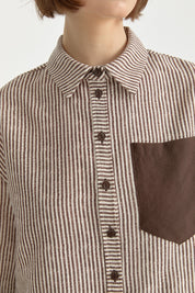 Striped Crop Linen Shirt - Coffee
