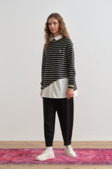 Striped Shirt Collar Knitted Steel Tunic - Black