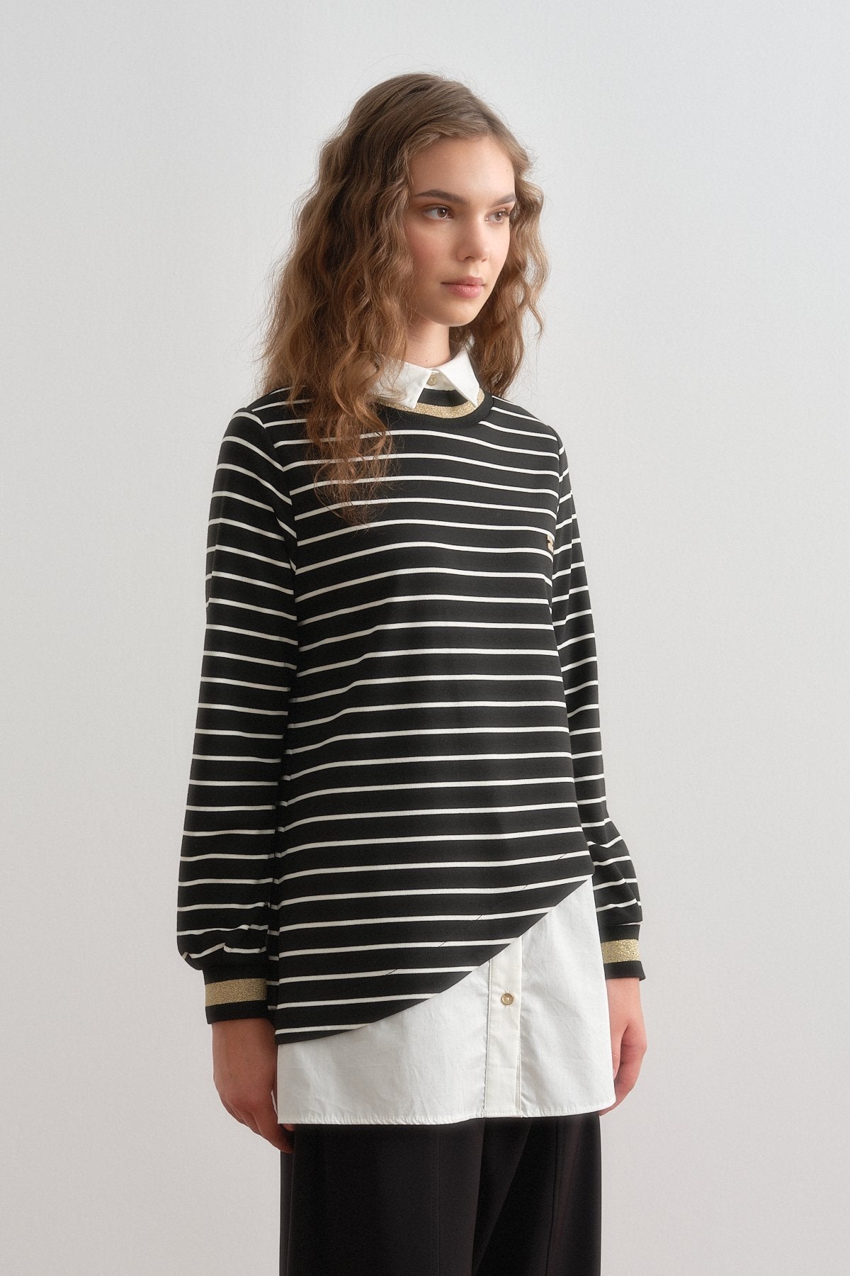 Striped Shirt Collar Knitted Steel Tunic - Black