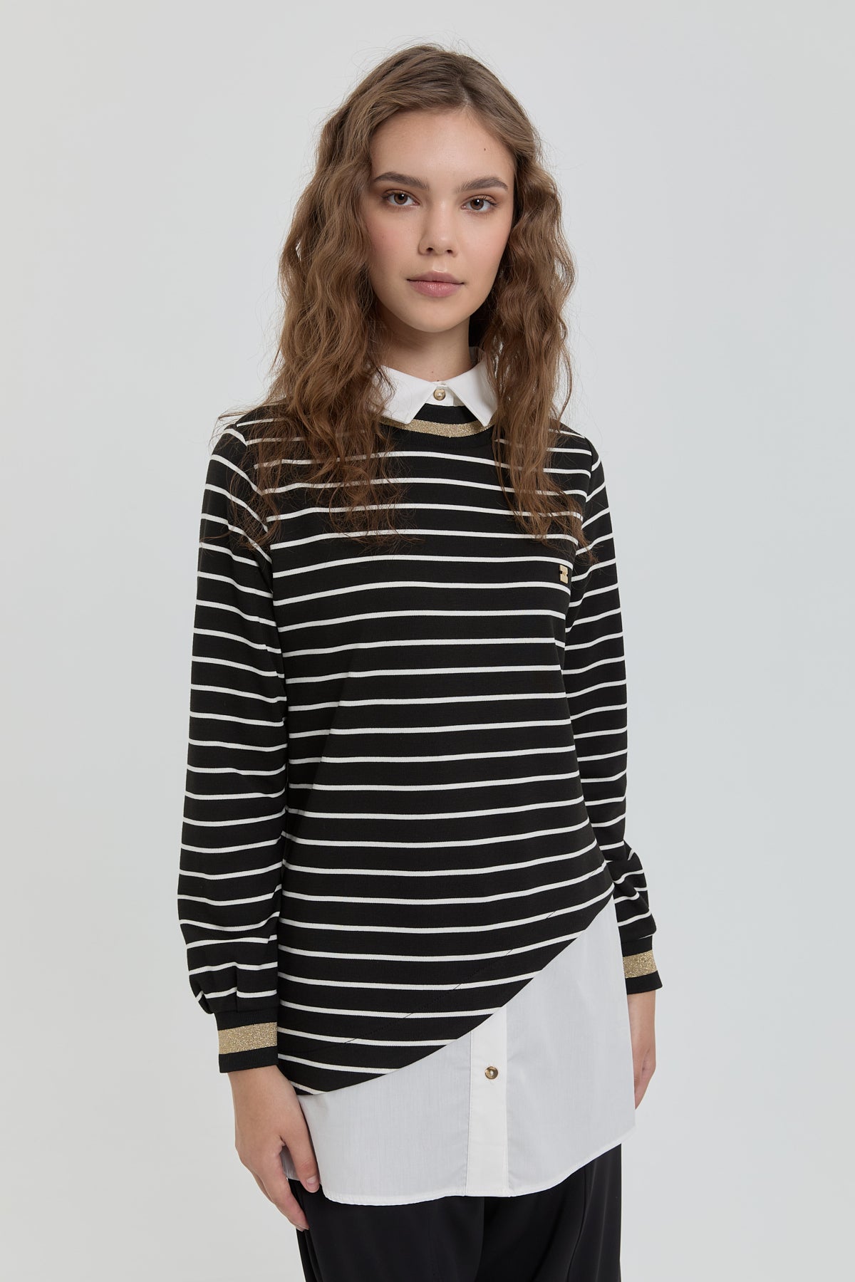 Striped Shirt Collar Knitted Steel Tunic - Black