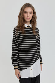 Striped Shirt Collar Knitted Steel Tunic - Black