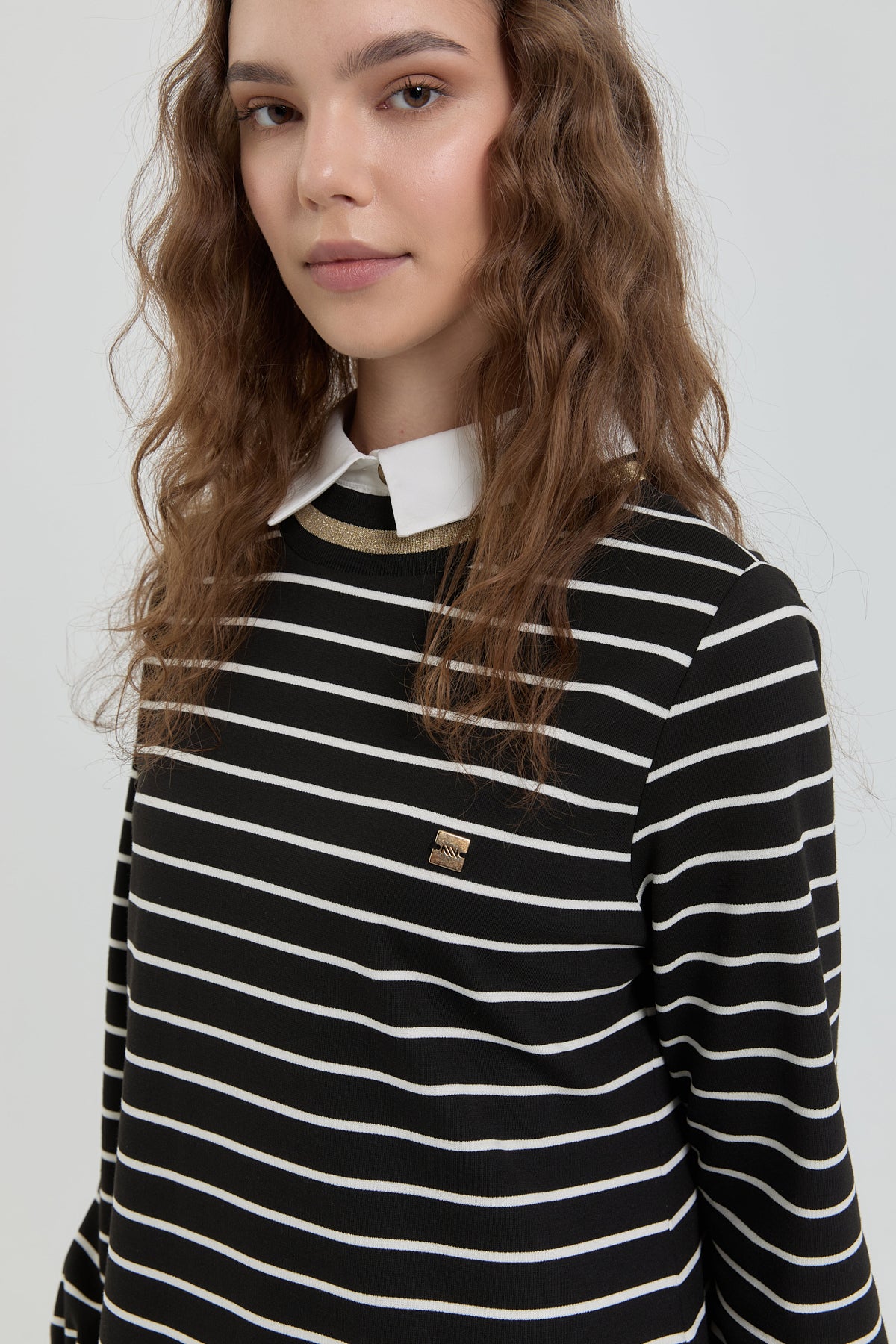 Striped Shirt Collar Knitted Steel Tunic - Black