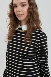 Striped Shirt Collar Knitted Steel Tunic - Black