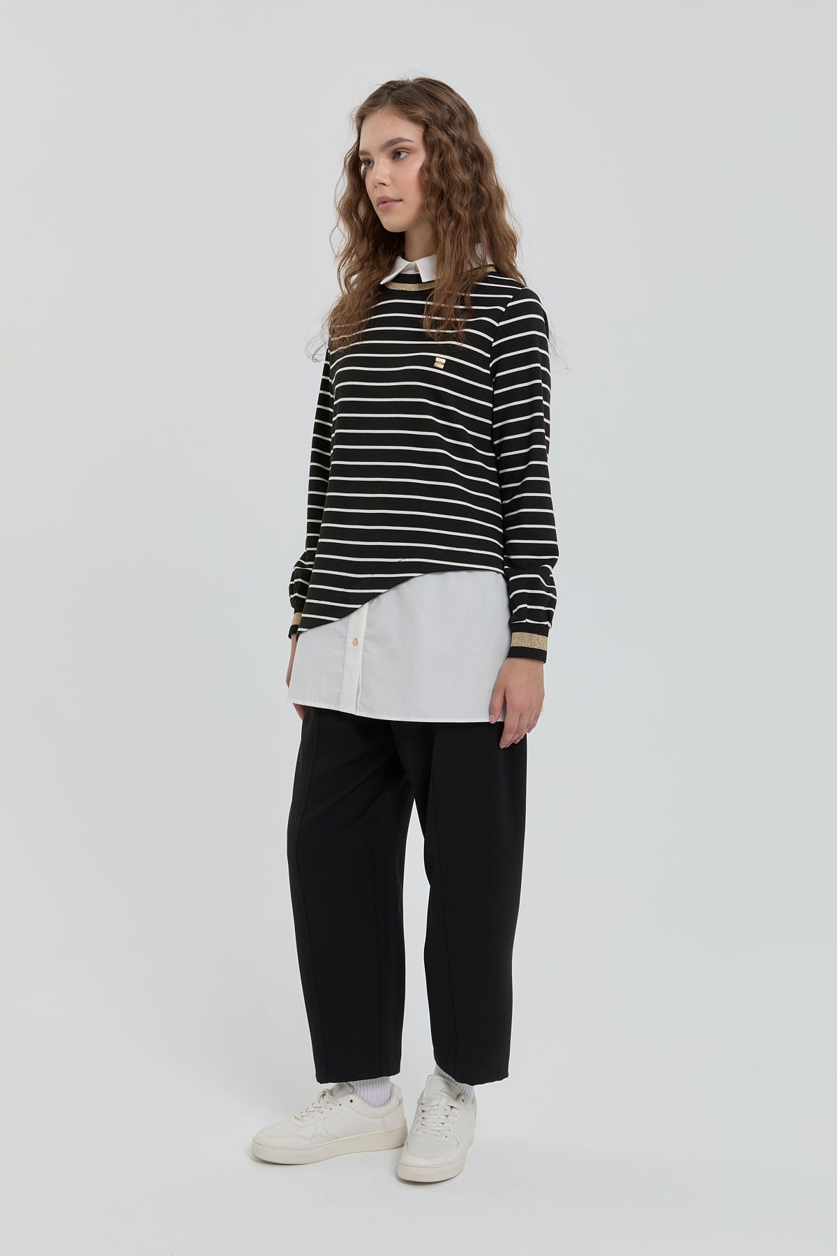 Striped Shirt Collar Knitted Steel Tunic - Black