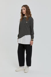 Striped Shirt Collar Knitted Steel Tunic - Black