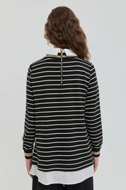 Striped Shirt Collar Knitted Steel Tunic - Black