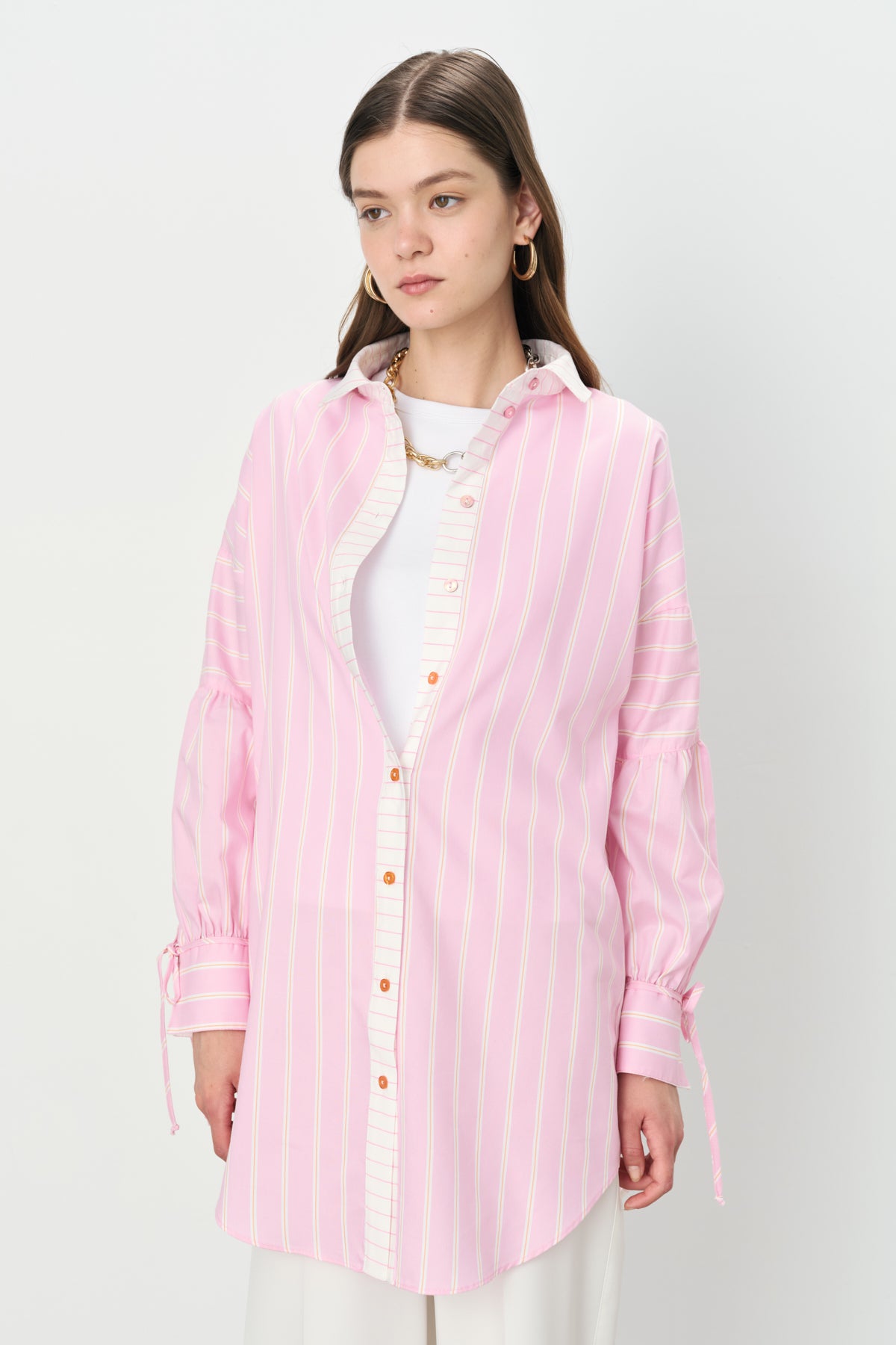 Çizgili Gömlek Yaka Pamuk Tunik - Pembe