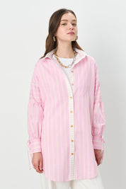 Çizgili Gömlek Yaka Pamuk Tunik - Pembe