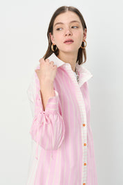 Çizgili Gömlek Yaka Pamuk Tunik - Pembe