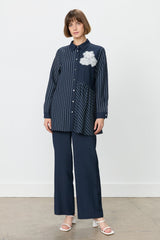 Striped Linen Pants and Tunic Set - Navy Blue