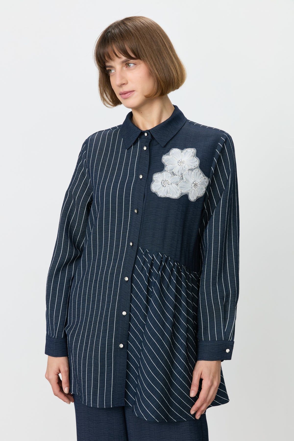 Striped Linen Pants and Tunic Set - Navy Blue