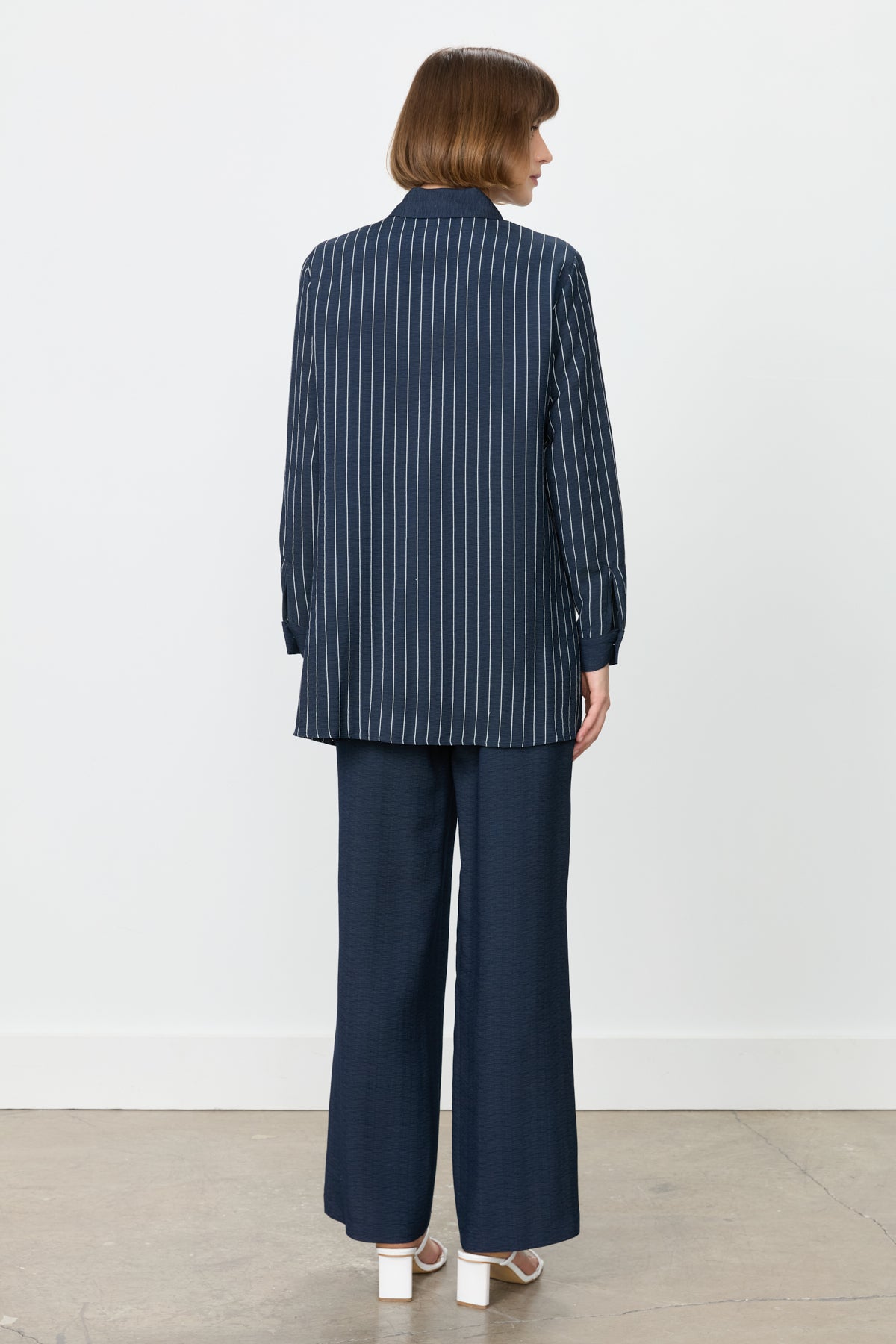 Striped Linen Pants and Tunic Set - Navy Blue