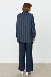 Striped Linen Pants and Tunic Set - Navy Blue