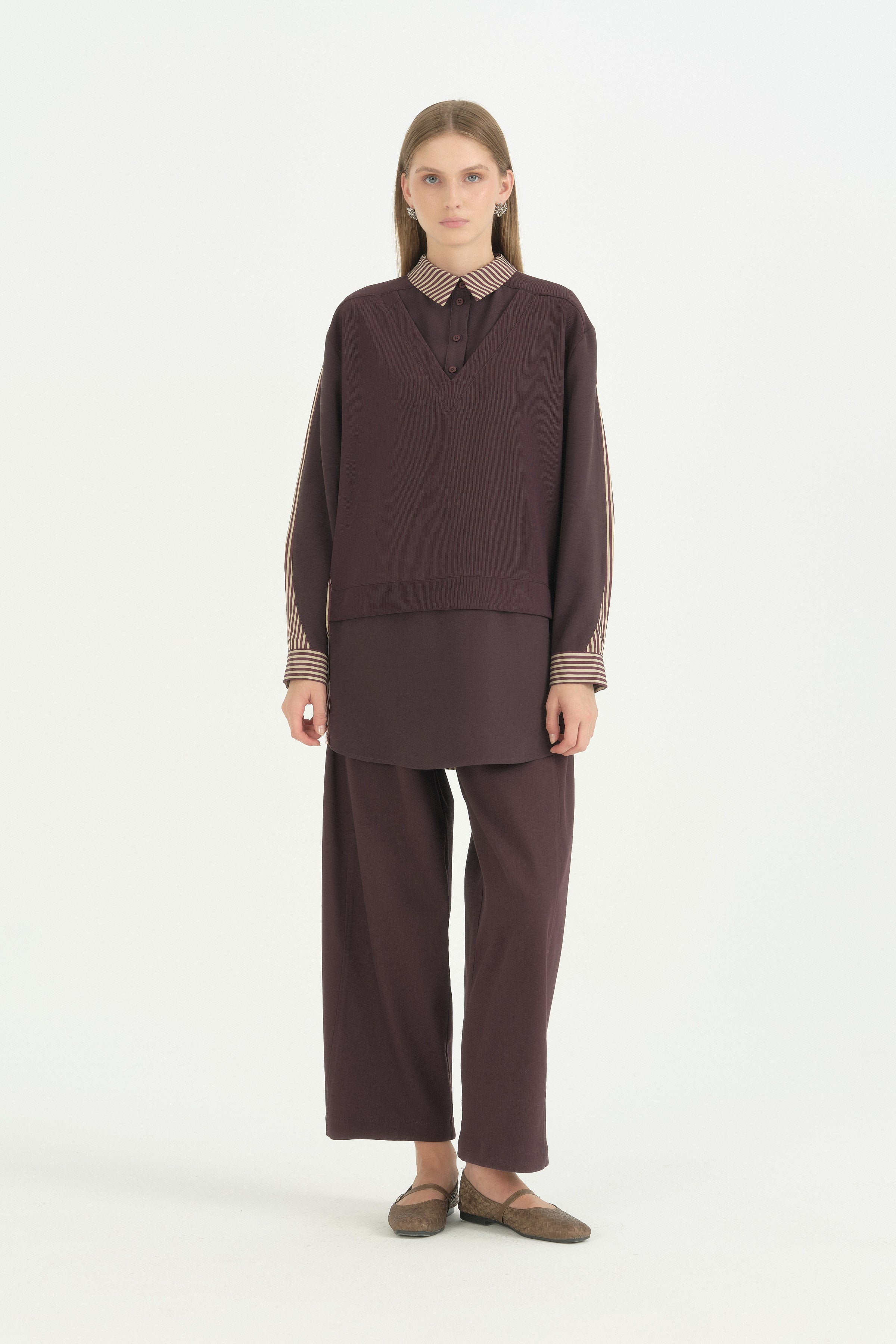 Çizgili Kumaş Örme Kumaş Mixli Oversize Spor Tunik - Mürdüm