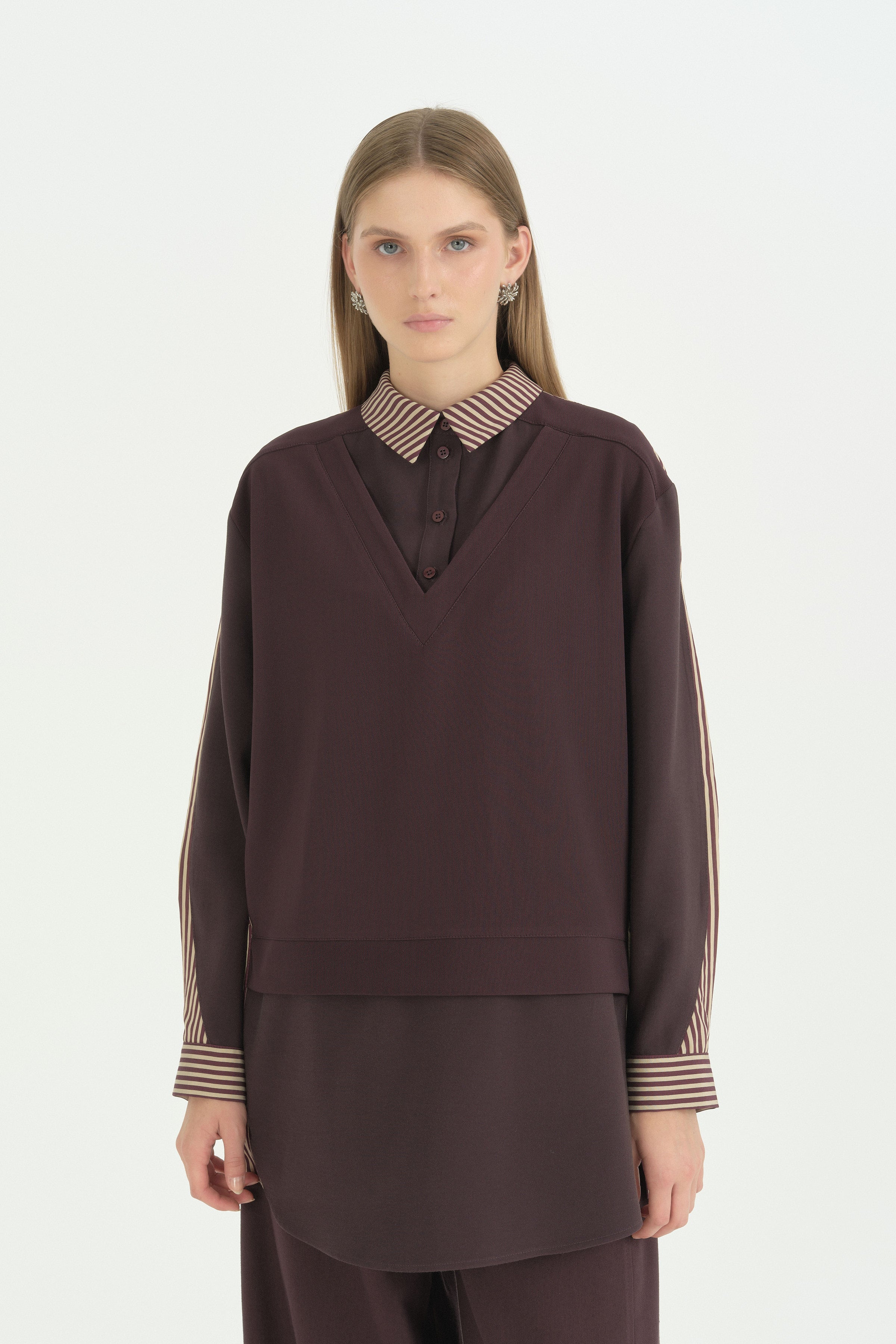 Çizgili Kumaş Örme Kumaş Mixli Oversize Spor Tunik - Mürdüm