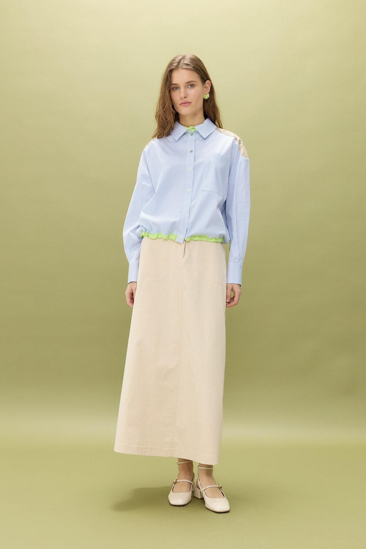Çizgili Poplin Crop Pamuk Gömlek - Mavi