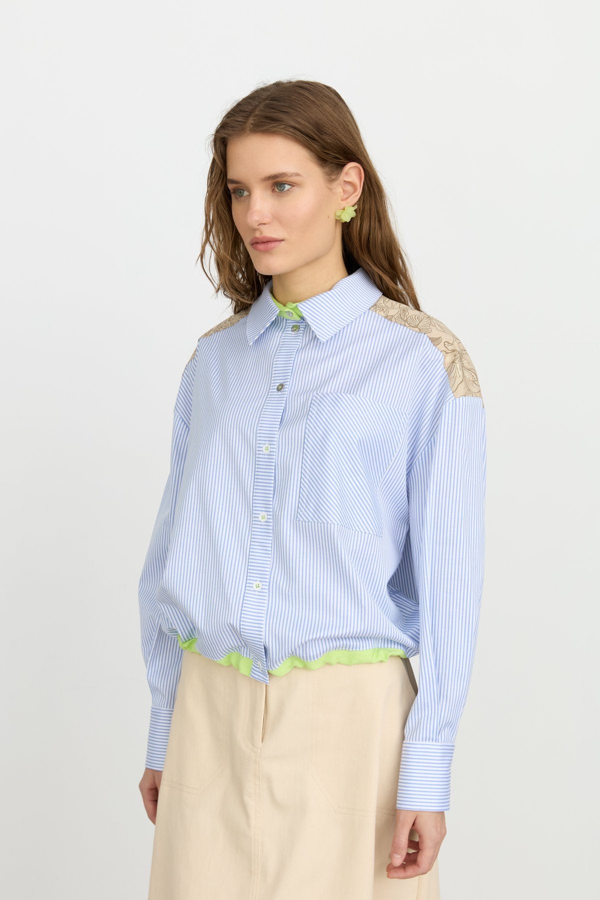 Çizgili Poplin Crop Pamuk Gömlek - Mavi