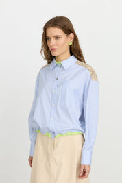 Çizgili Poplin Crop Pamuk Gömlek - Mavi