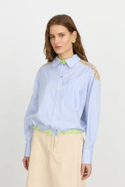 Çizgili Poplin Crop Pamuk Gömlek - Mavi