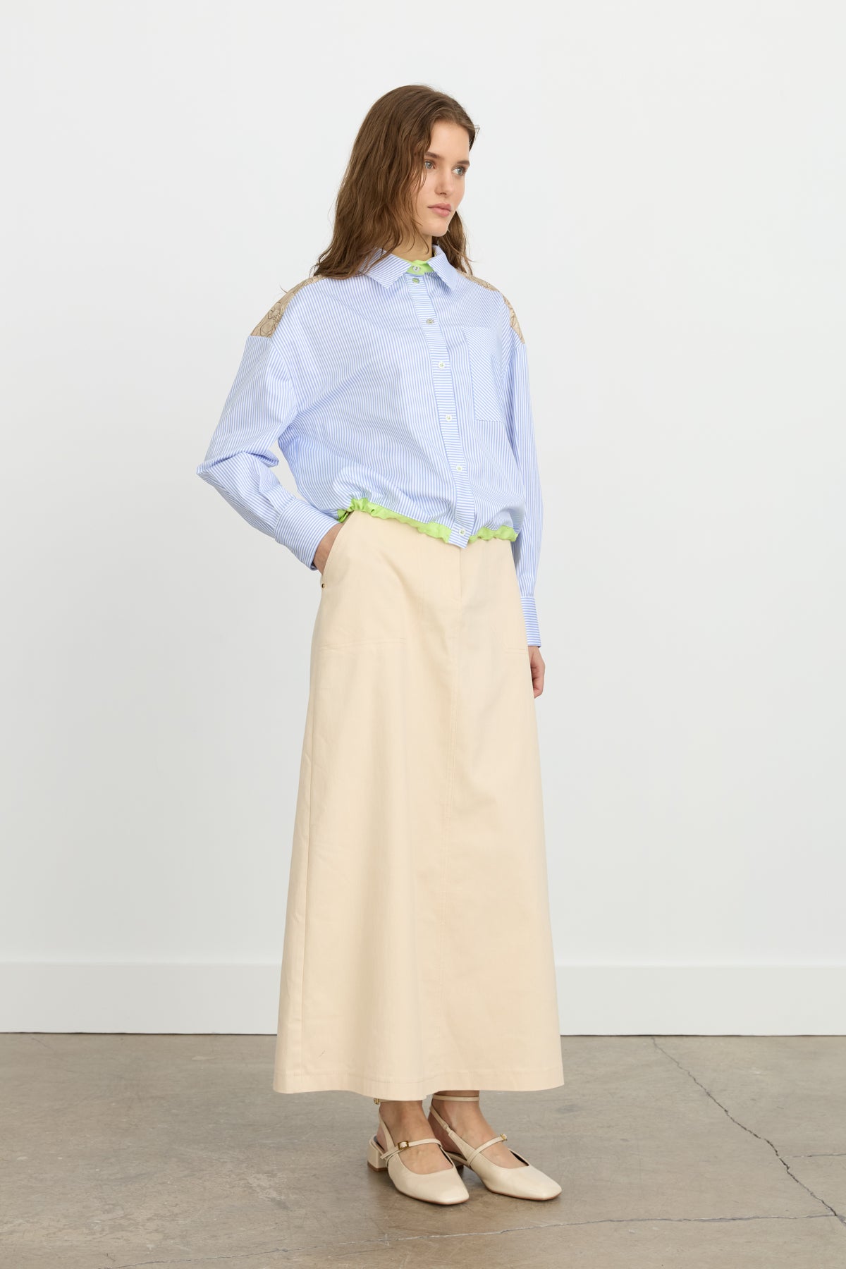 Çizgili Poplin Crop Pamuk Gömlek - Mavi