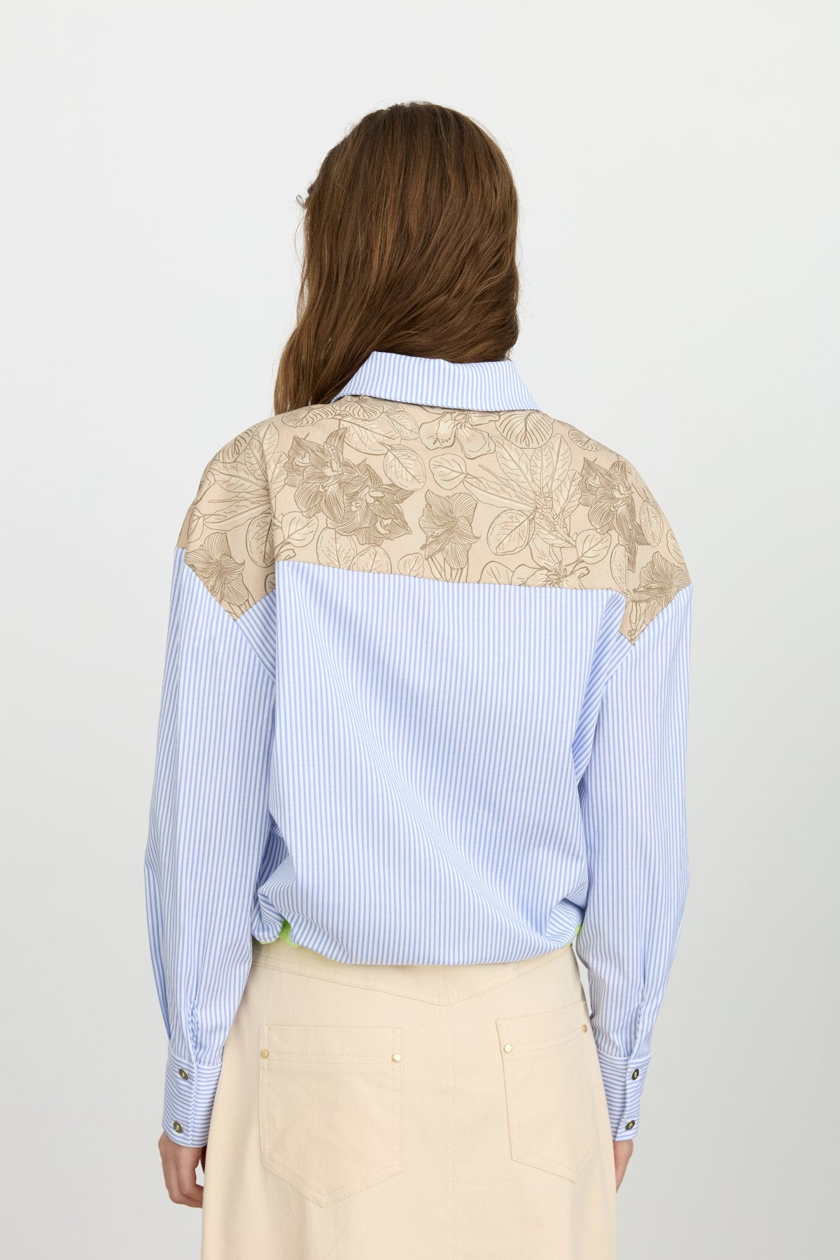 Çizgili Poplin Crop Pamuk Gömlek - Mavi