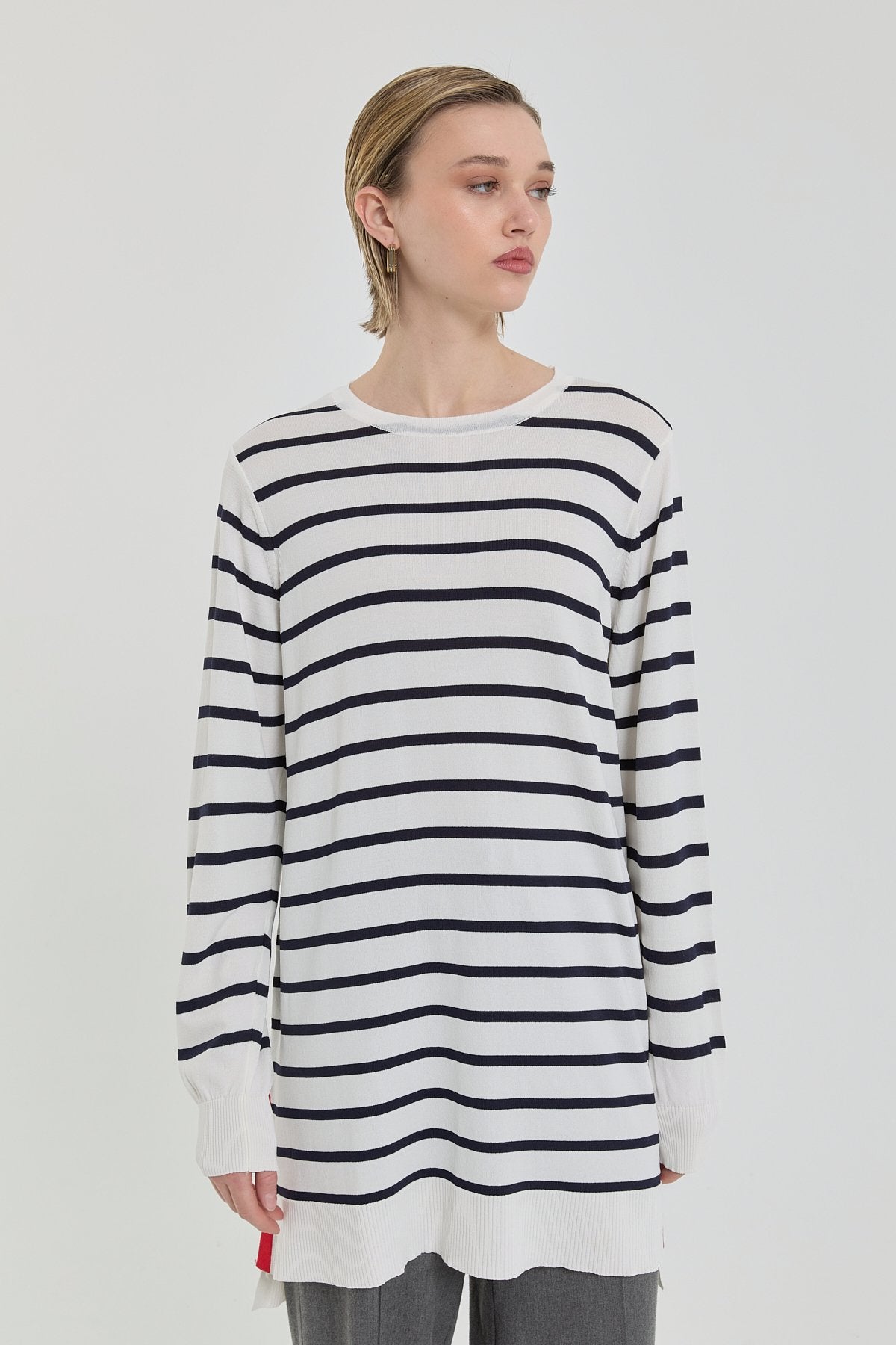 Çizgili Rayon Triko Tunik - Ekru