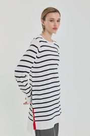 Çizgili Rayon Triko Tunik - Ekru