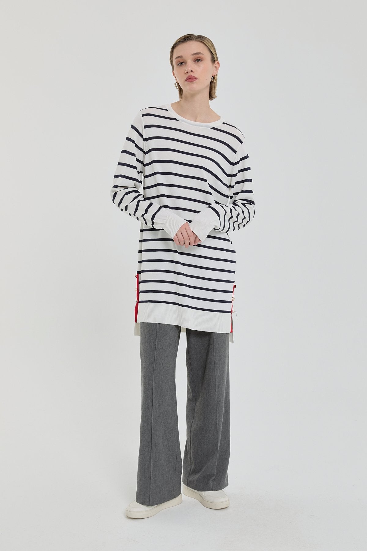 Çizgili Rayon Triko Tunik - Ekru