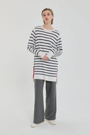 Çizgili Rayon Triko Tunik - Ekru