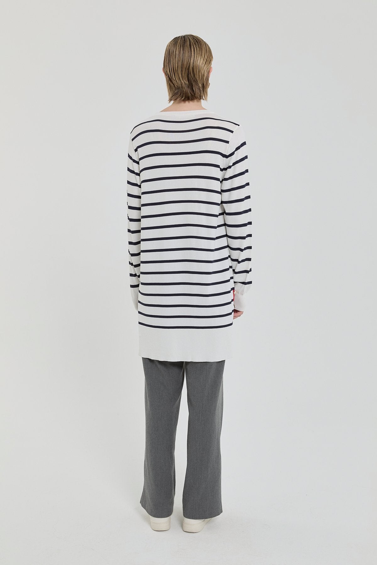Çizgili Rayon Triko Tunik - Ekru