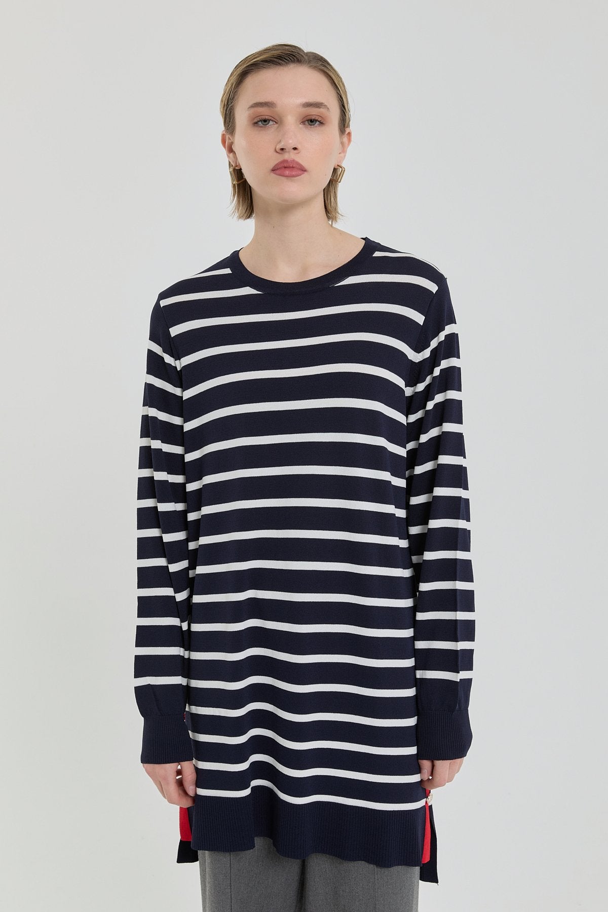 Çizgili Rayon Triko Tunik - Lacivert