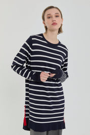Çizgili Rayon Triko Tunik - Lacivert