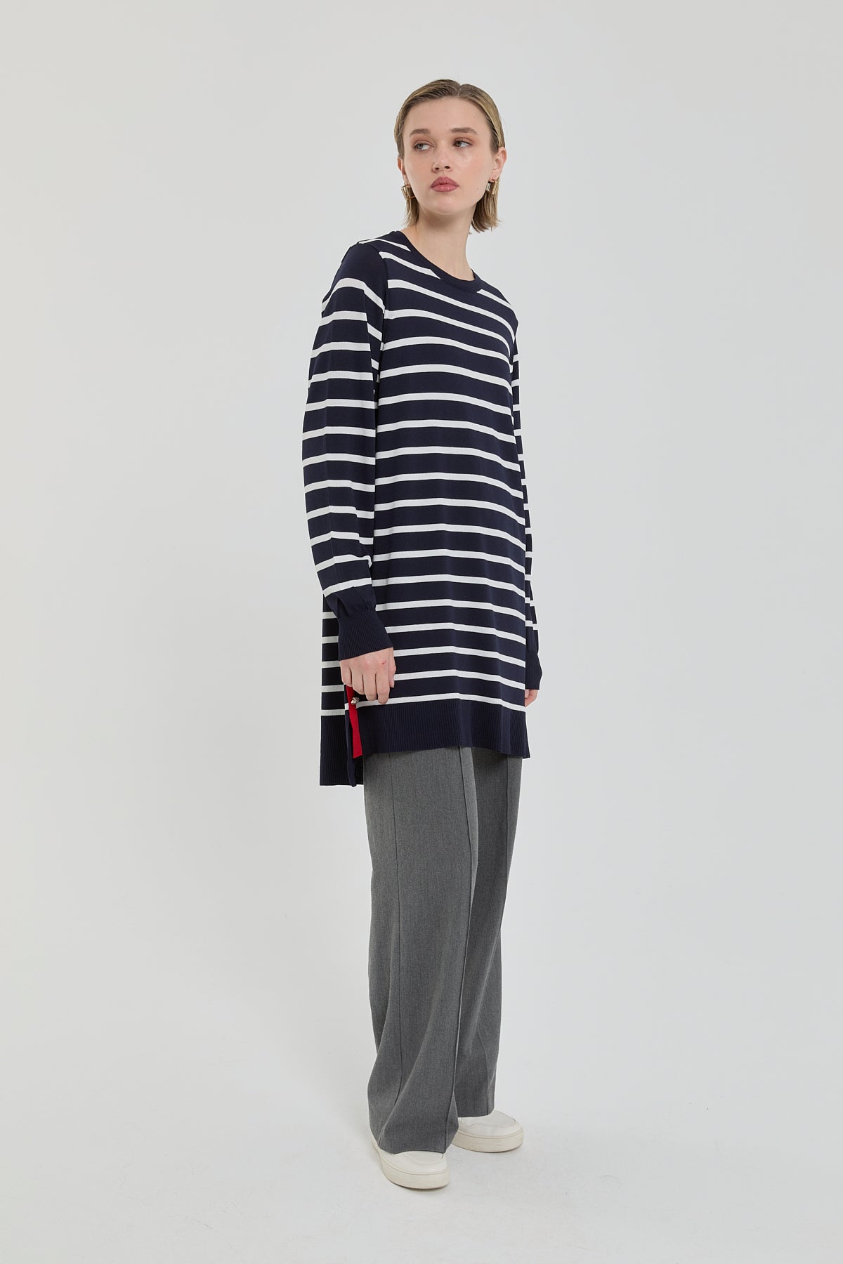 Çizgili Rayon Triko Tunik - Lacivert