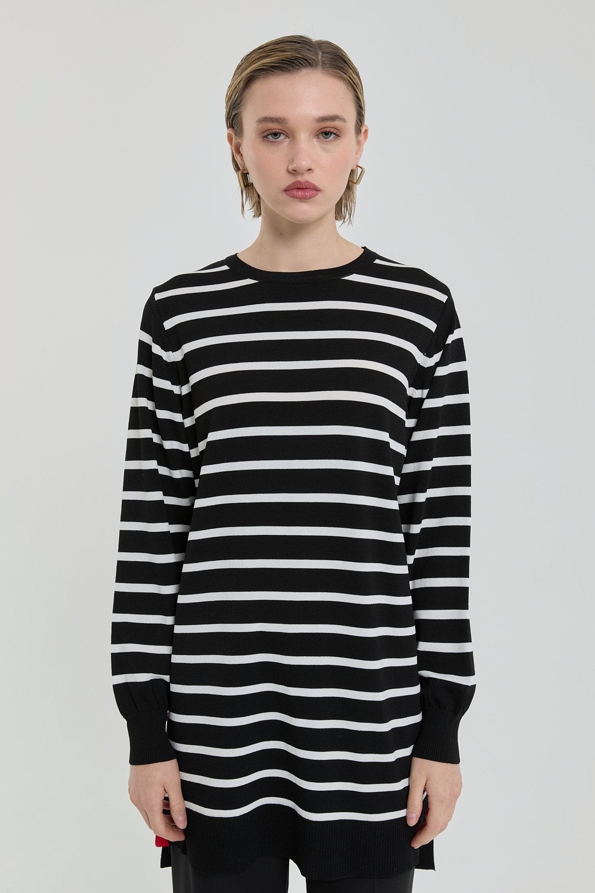 Çizgili Rayon Triko Tunik - Siyah