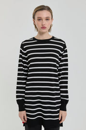 Çizgili Rayon Triko Tunik - Siyah