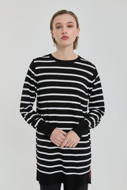 Çizgili Rayon Triko Tunik - Siyah