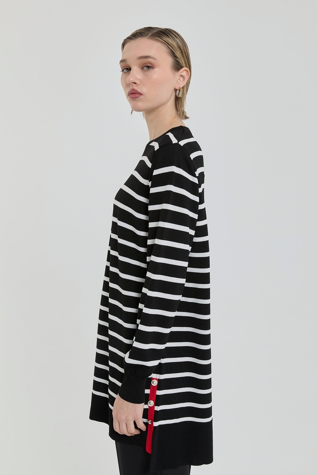 Çizgili Rayon Triko Tunik - Siyah