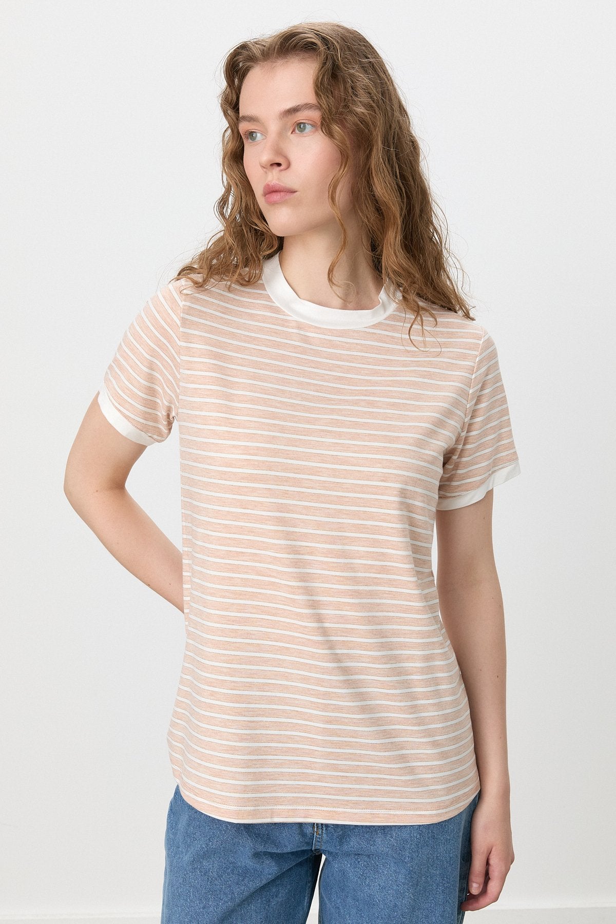 Çizgili T-Shirt - Pudra