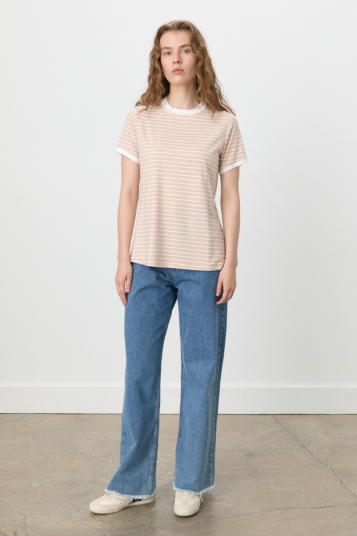 Çizgili T-Shirt - Pudra