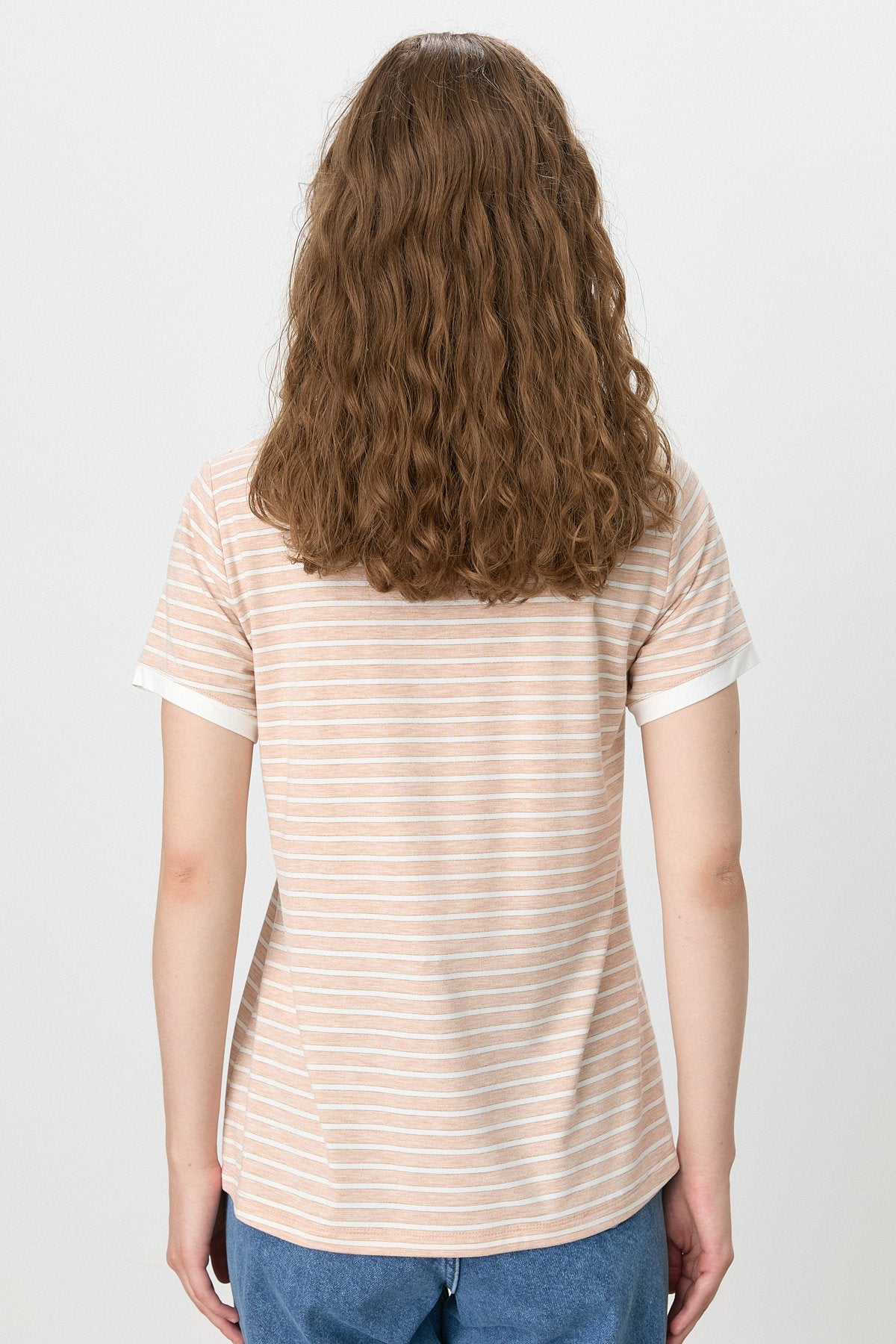 Çizgili T-Shirt - Pudra