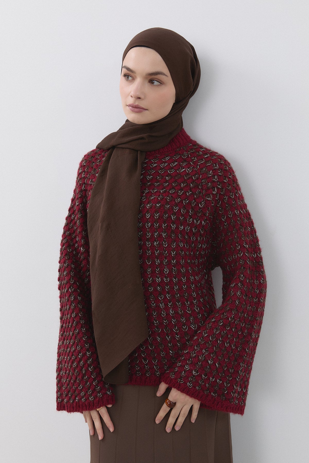 Multicolored Sequin Knit Wide-Sleeved Sweater - Burgundy