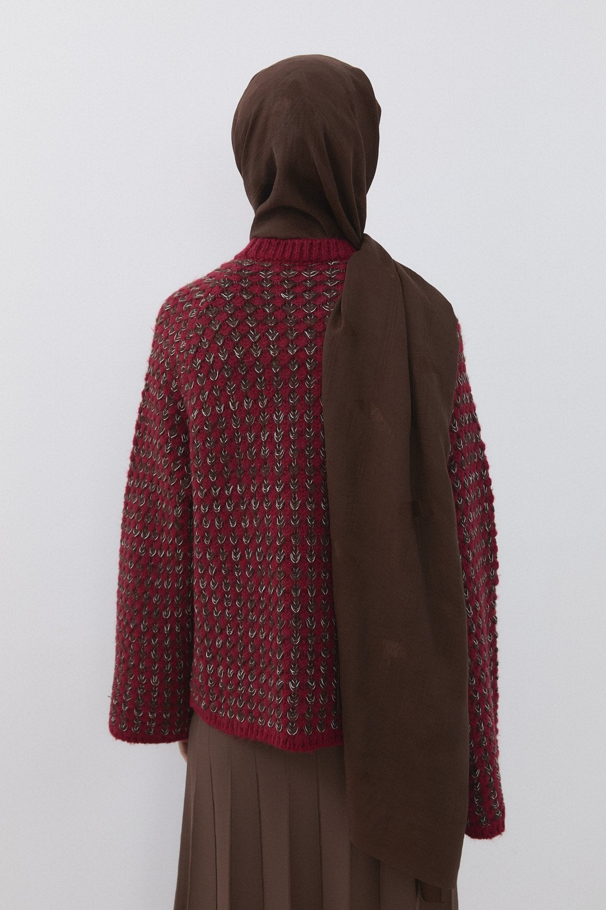 Multicolored Sequin Knit Wide-Sleeved Sweater - Burgundy